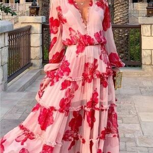 Chic Floral Red and Pink Midi Dress